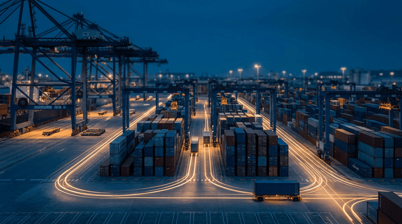 Distribution yard at night with containers and light trails